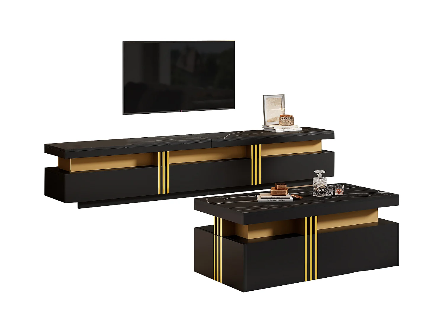 Meuble TV et table basse noire, design moderne, MDF, noir (200x40x42 cm)