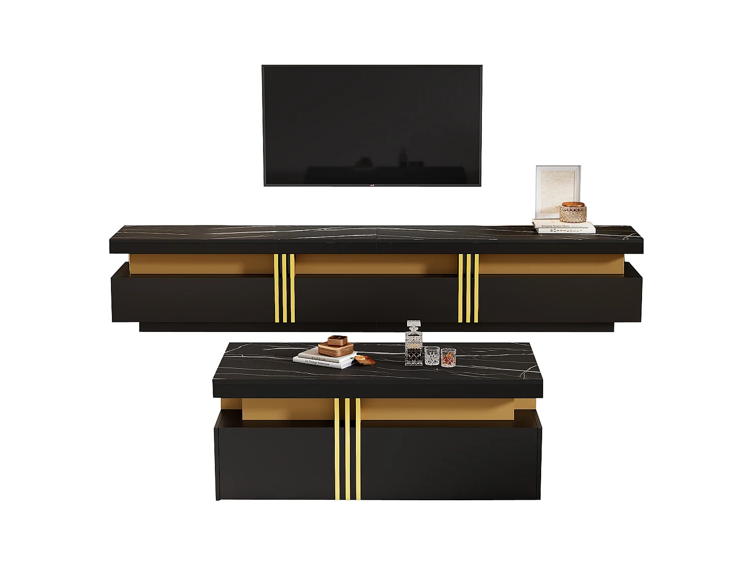 Meuble TV et table basse noire, design moderne, MDF, noir (200x40x42 cm)