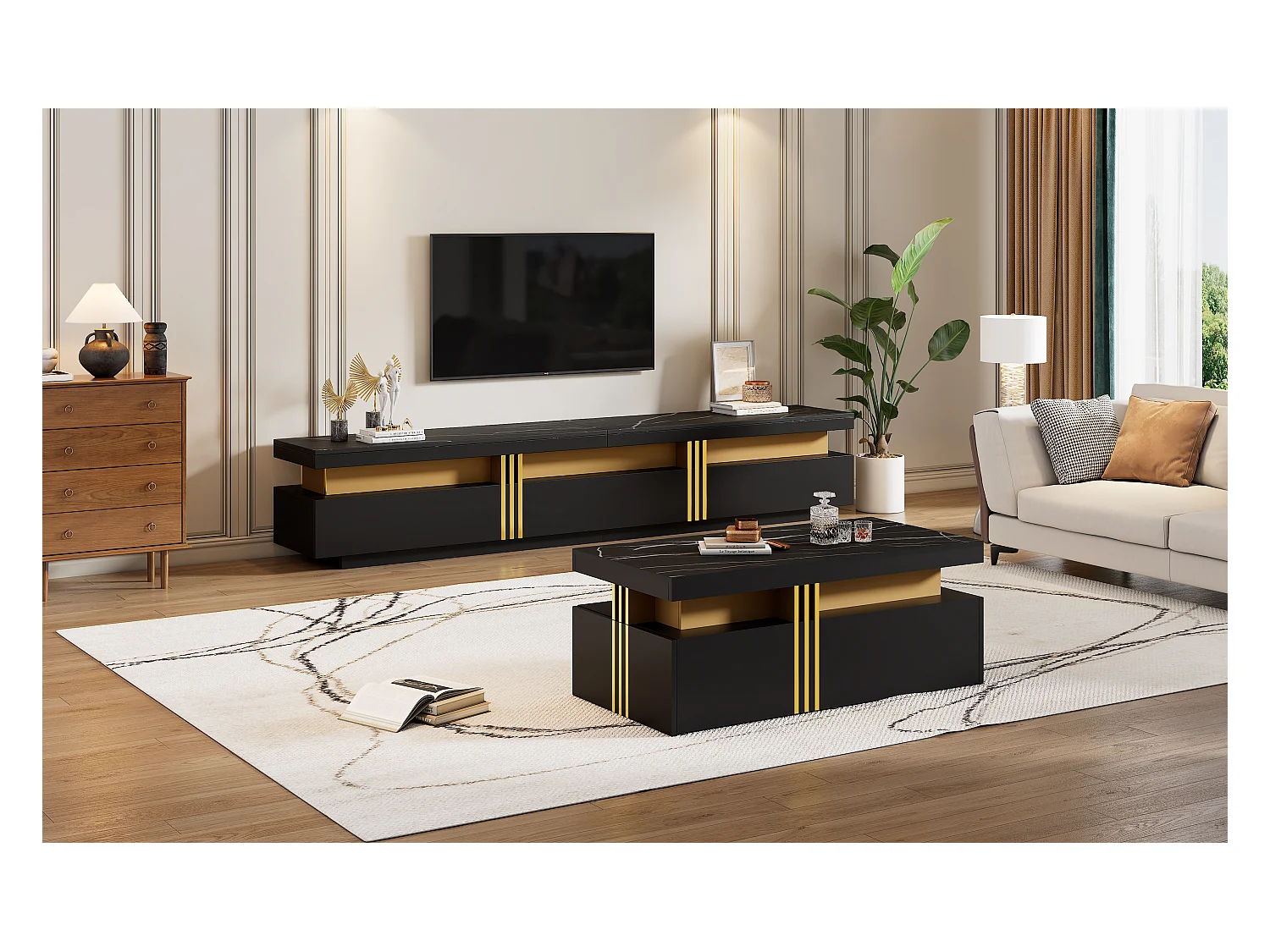 Meuble TV et table basse noire, design moderne, MDF, noir (200x40x42 cm)