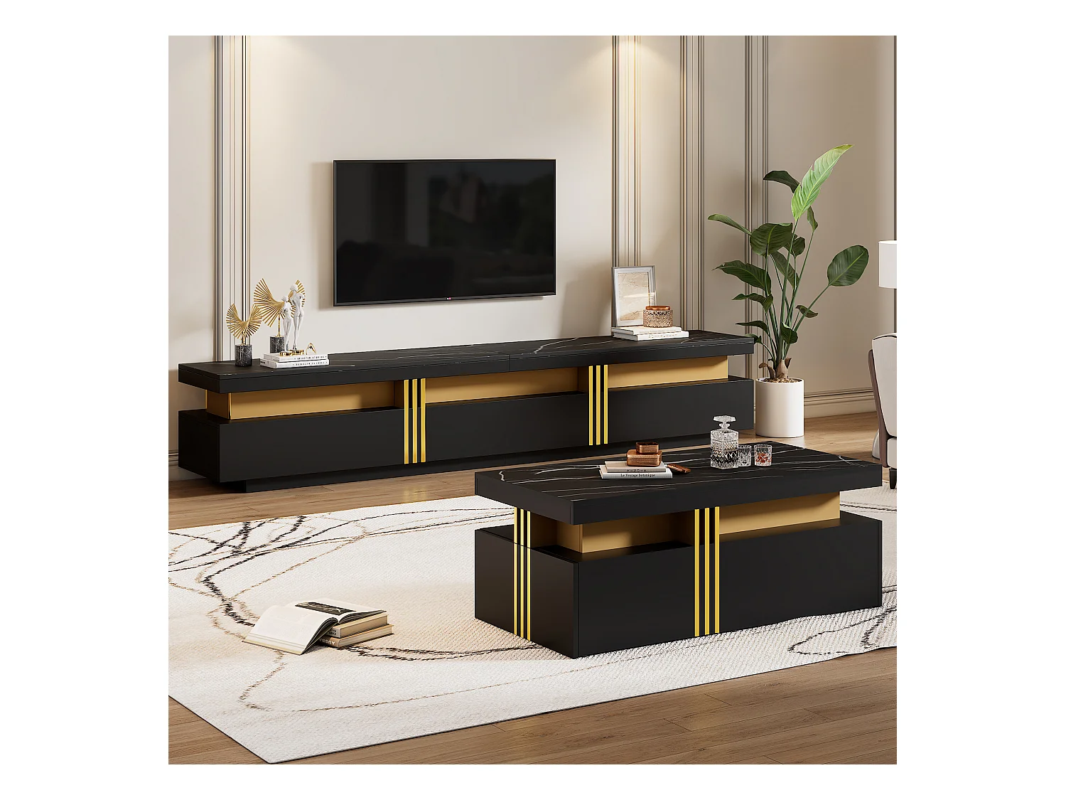Meuble TV et table basse noire, design moderne, MDF, noir (200x40x42 cm)