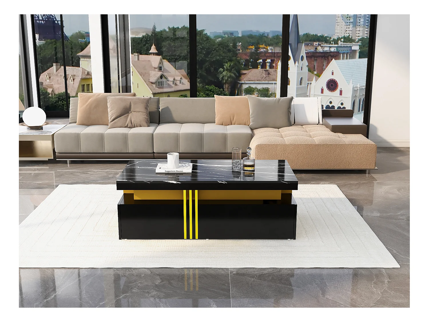 Meuble TV et table basse noire, design moderne, MDF, noir (200x40x42 cm)