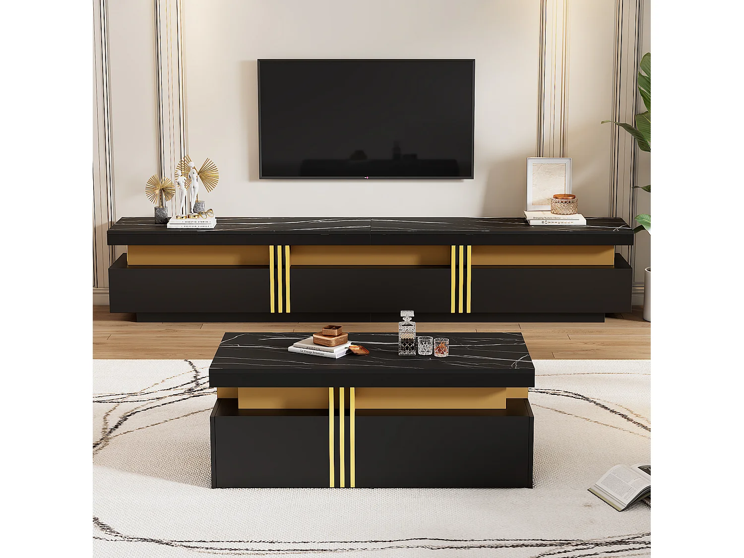 Zwarte tv-standaard en salontafel, modern design, MDF, zwart (200x40x42 cm)