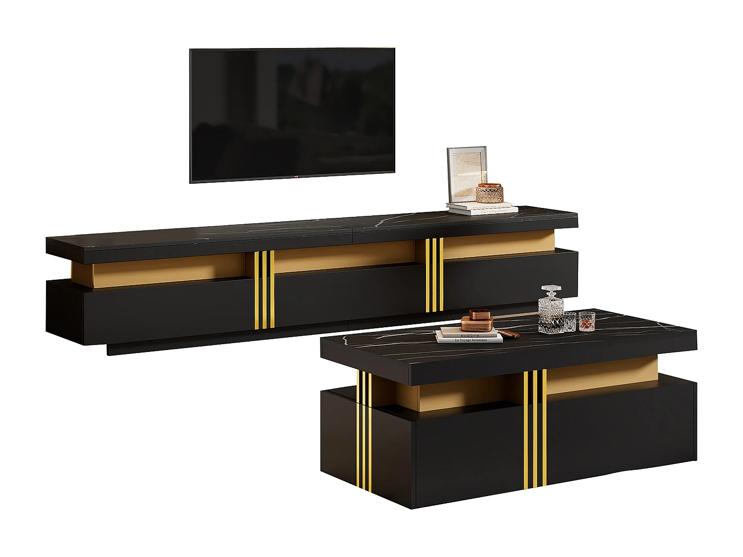 Zwarte tv-standaard en salontafel, modern design, MDF, zwart (200x40x42 cm)