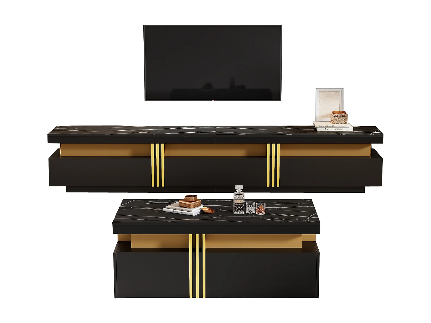 Zwarte tv-standaard en salontafel, modern design, MDF, zwart (200x40x42 cm)