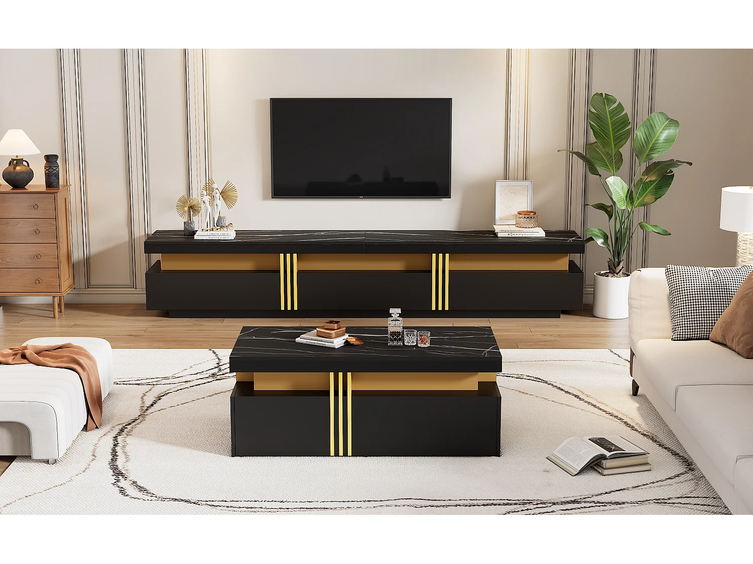 Zwarte tv-standaard en salontafel, modern design, MDF, zwart (200x40x42 cm)