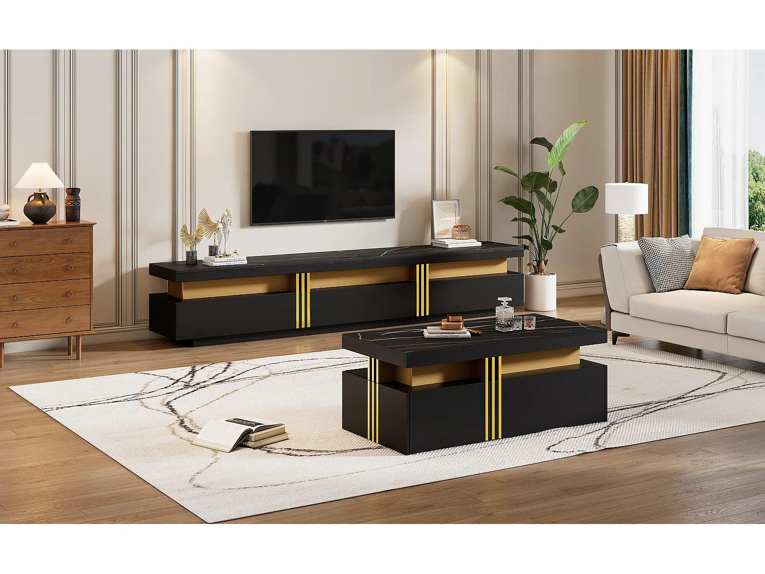 Zwarte tv-standaard en salontafel, modern design, MDF, zwart (200x40x42 cm)