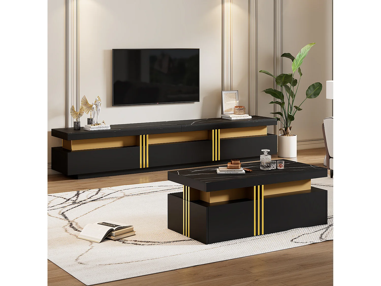 Zwarte tv-standaard en salontafel, modern design, MDF, zwart (200x40x42 cm)