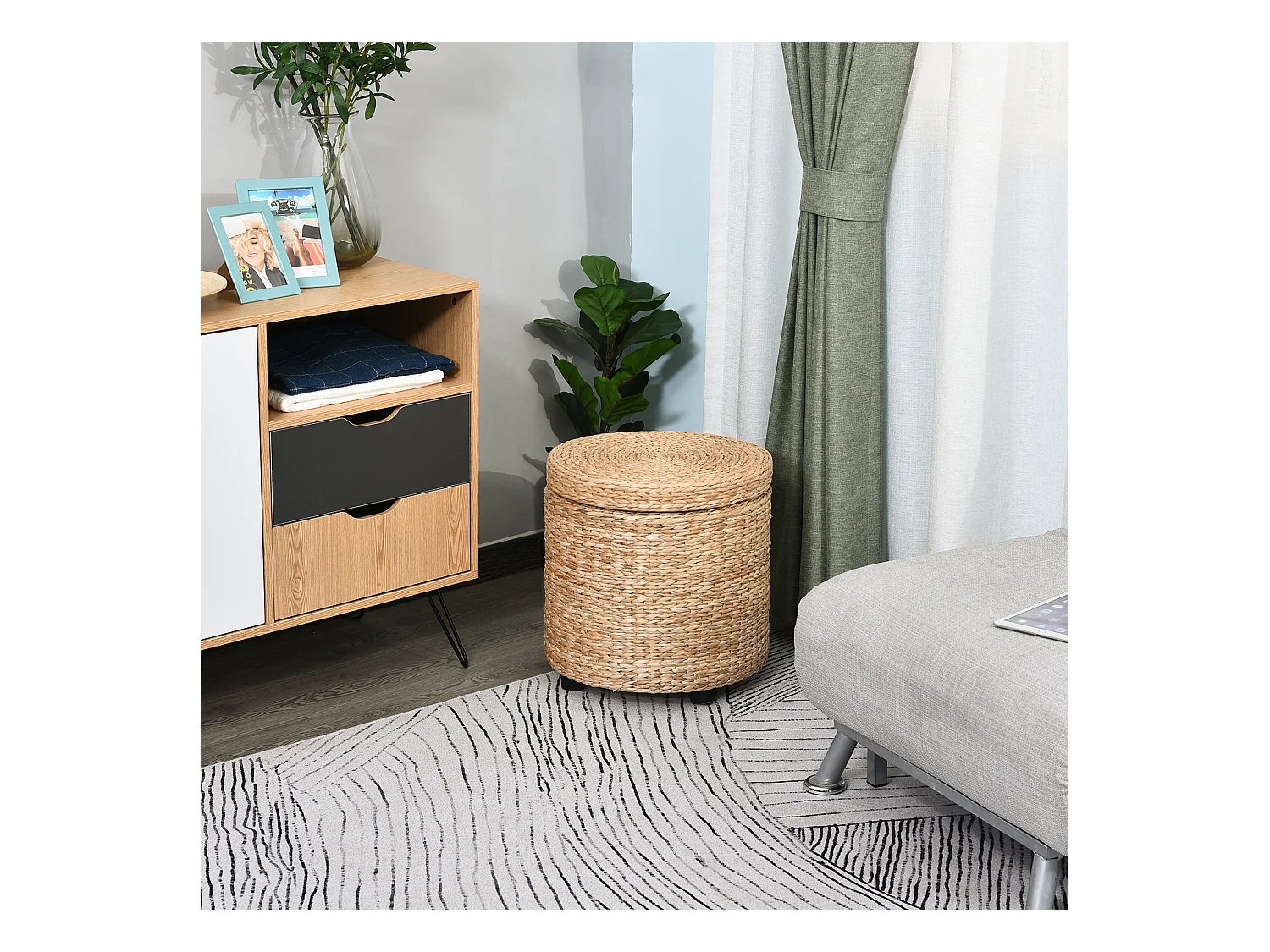 Pouf de rangement avec couvercle amovible, en rotin, kaki (Ø43x43 cm)