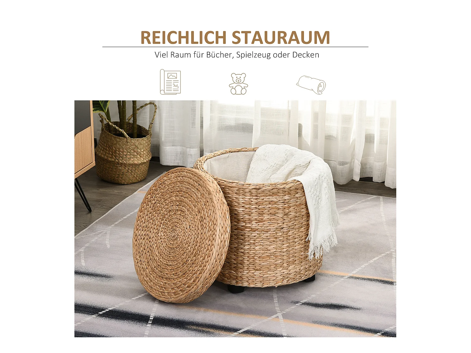 Pouf de rangement avec couvercle amovible, en rotin, kaki (Ø43x43 cm)