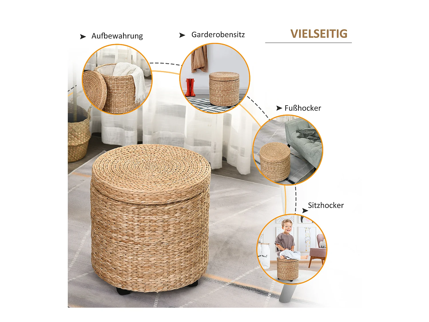 Pouf de rangement avec couvercle amovible, en rotin, kaki (Ø43x43 cm)
