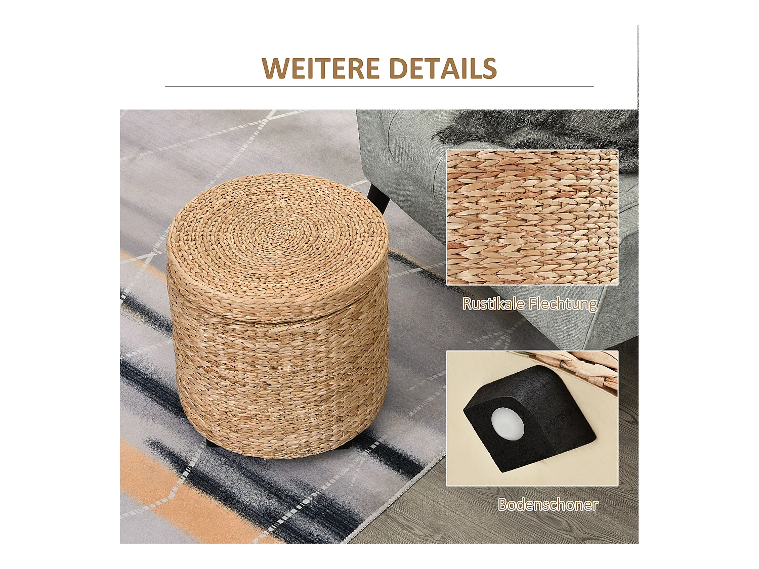 Pouf de rangement avec couvercle amovible, en rotin, kaki (Ø43x43 cm)