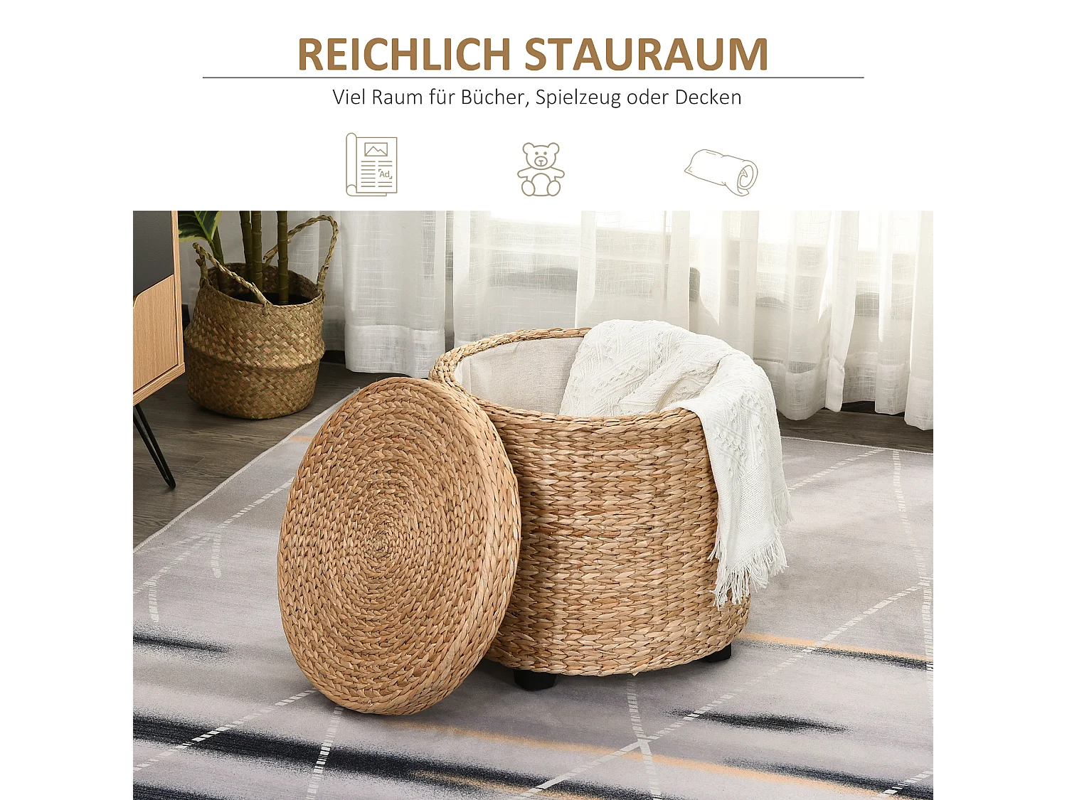 Opbergpoef met afneembaar deksel, rotan, kaki (Ø43x43 cm)