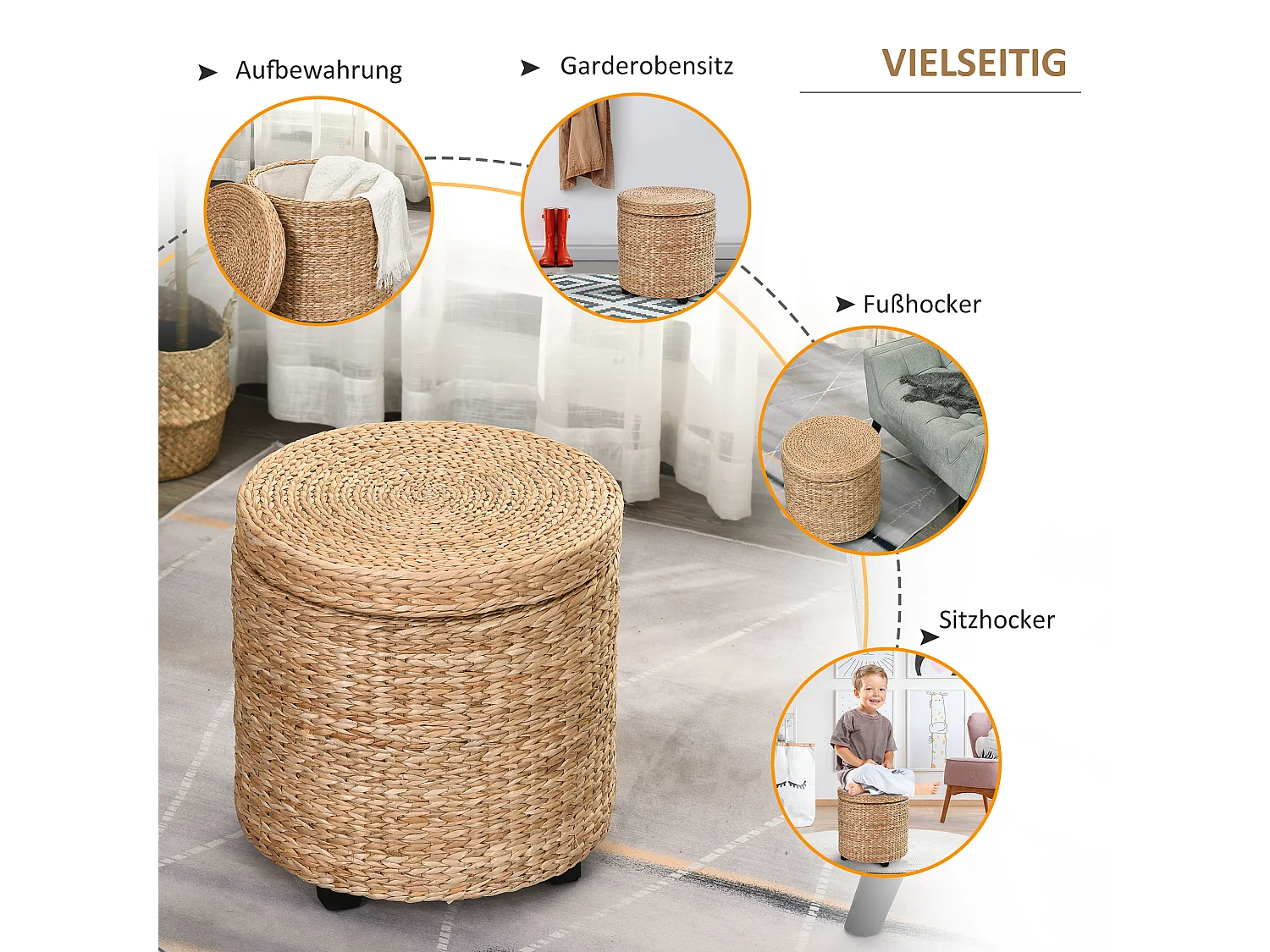 Opbergpoef met afneembaar deksel, rotan, kaki (Ø43x43 cm)