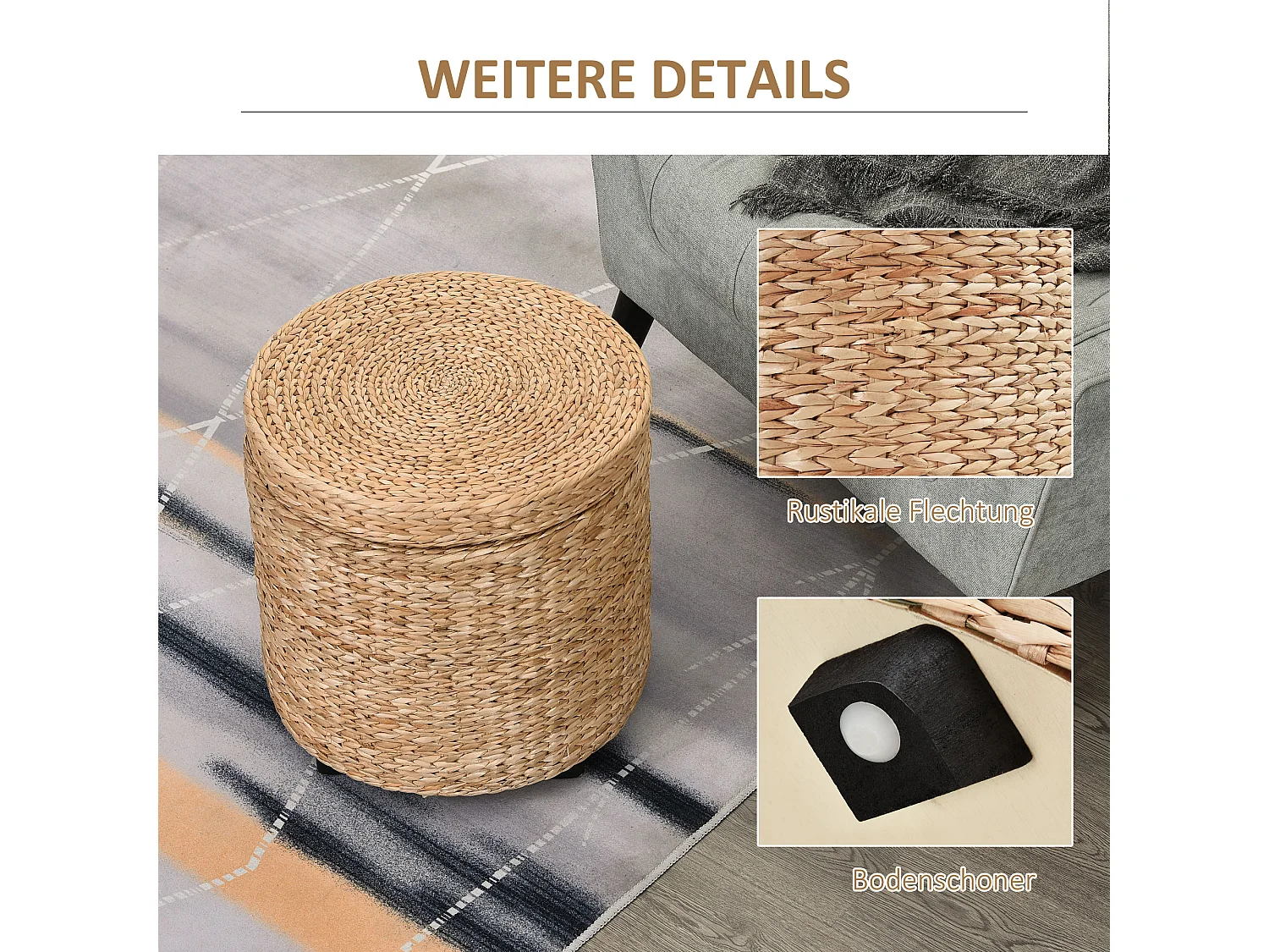 Opbergpoef met afneembaar deksel, rotan, kaki (Ø43x43 cm)