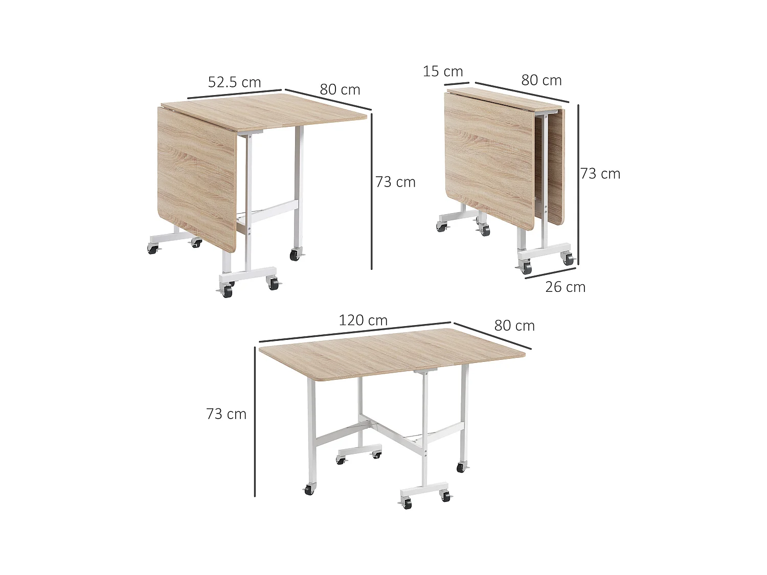 Table à manger pliable avec roulettes, acier, chêne (120x80x73 cm)