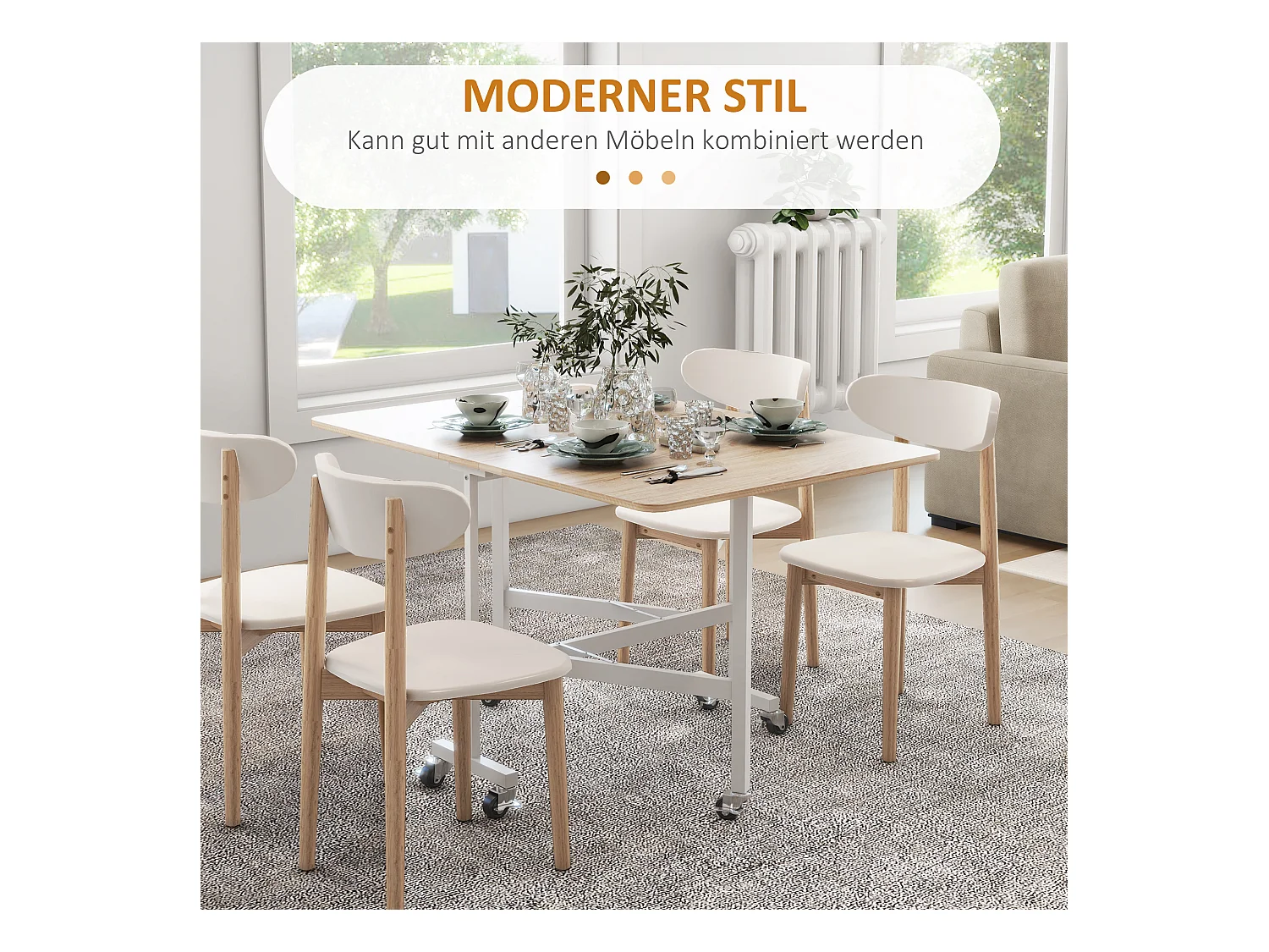 Table à manger pliable avec roulettes, acier, chêne (120x80x73 cm)