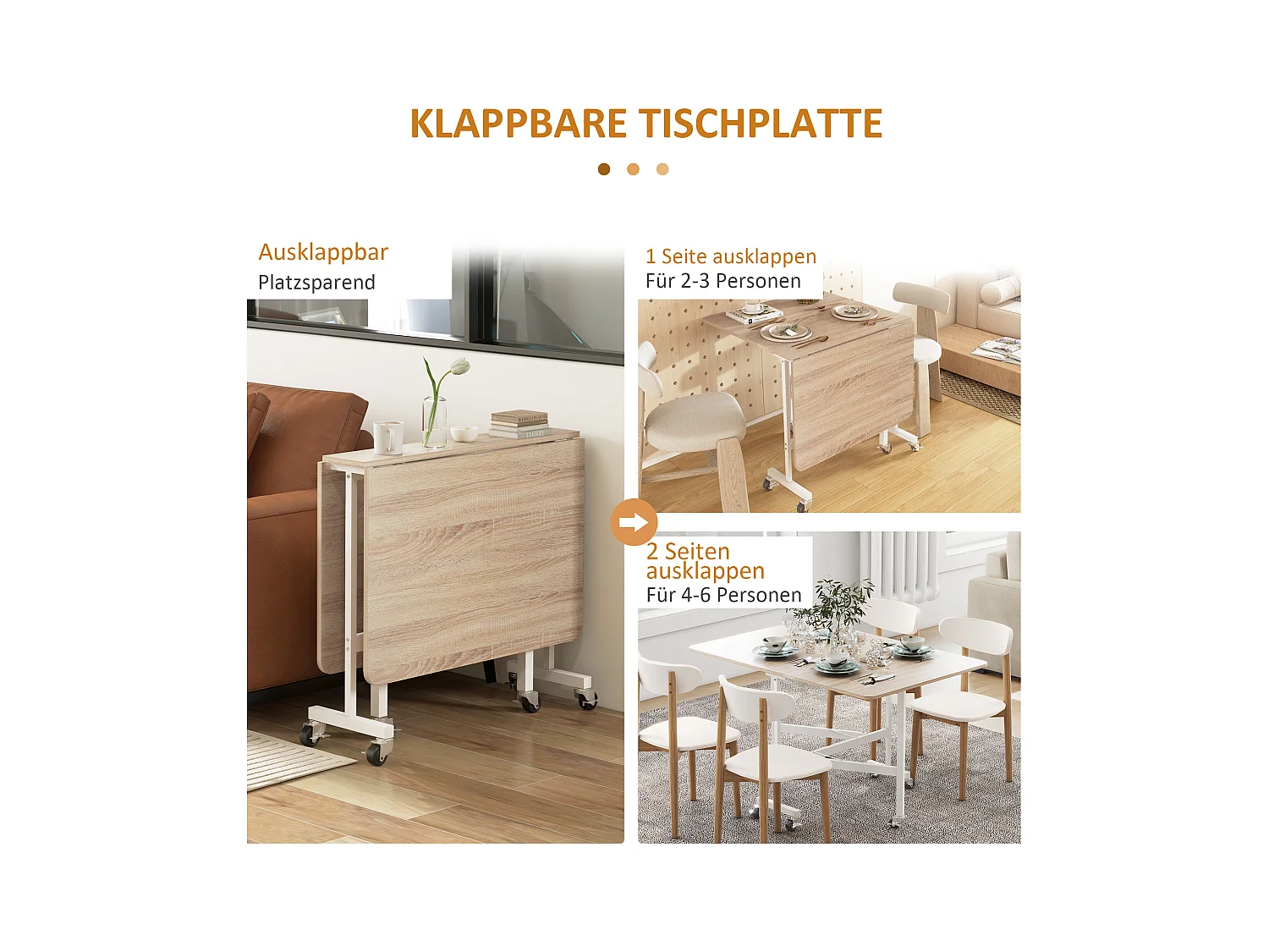 Table à manger pliable avec roulettes, acier, chêne (120x80x73 cm)