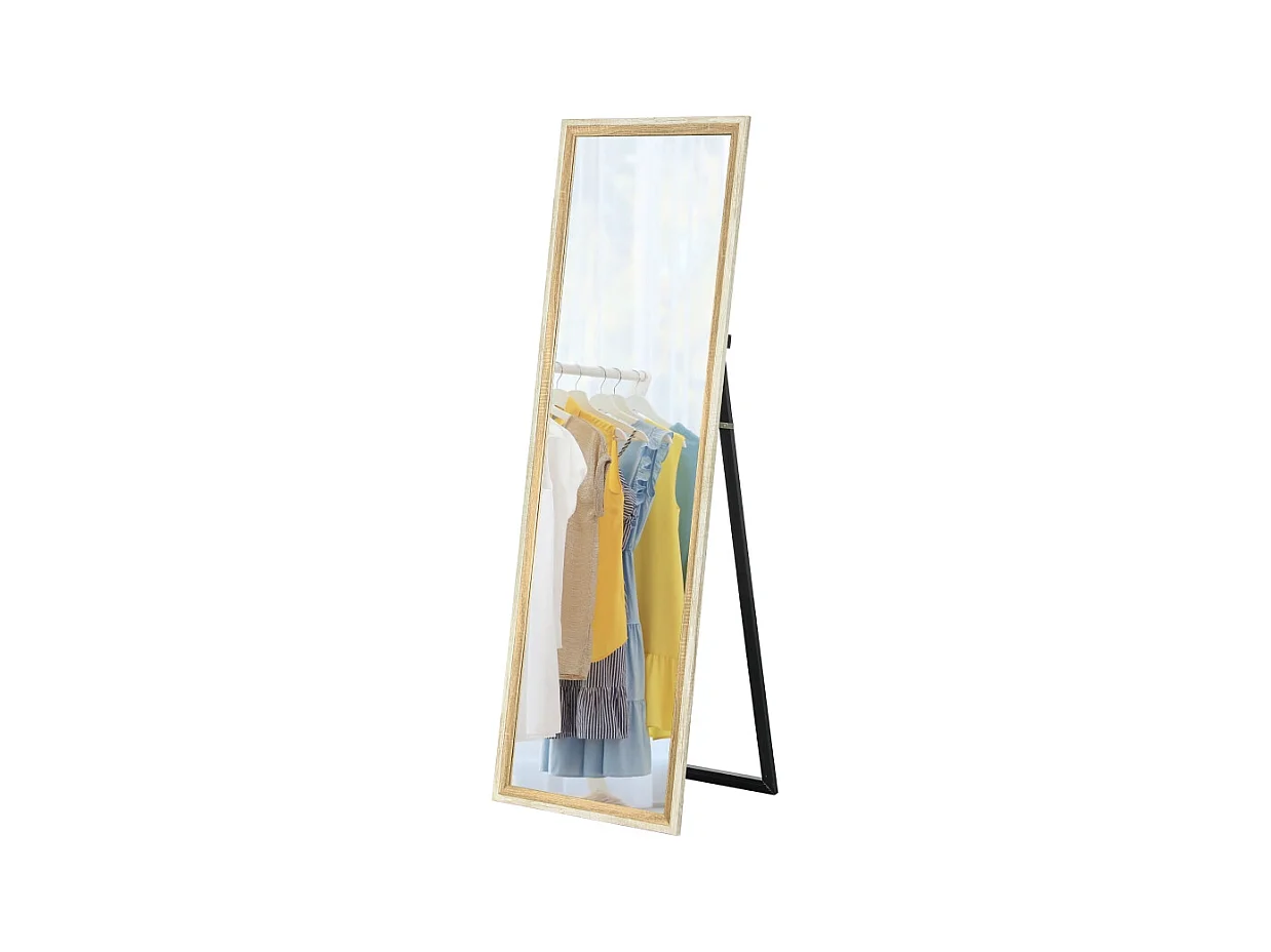 Miroir plein pied avec cadre en bois naturel et blanc, 162.6x53.5 cm, miroir de corps entier, support inclus