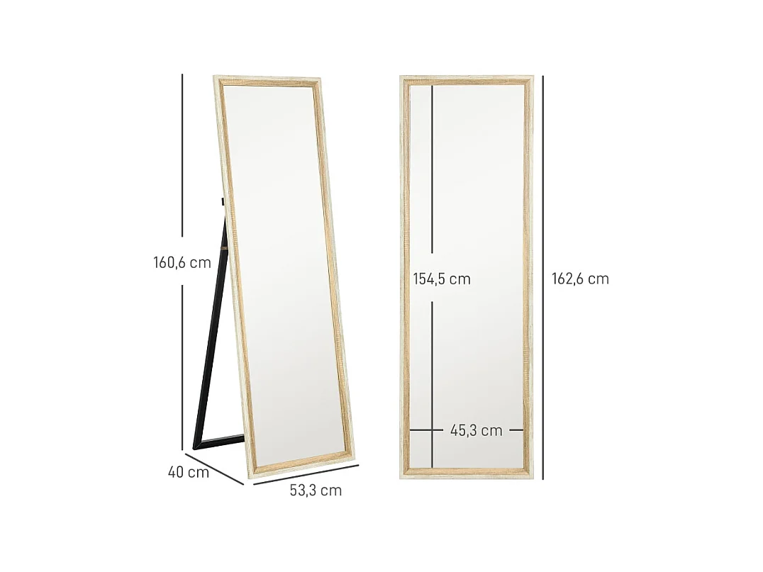 Miroir plein pied avec cadre en bois naturel et blanc, 162.6x53.5 cm, miroir de corps entier, support inclus