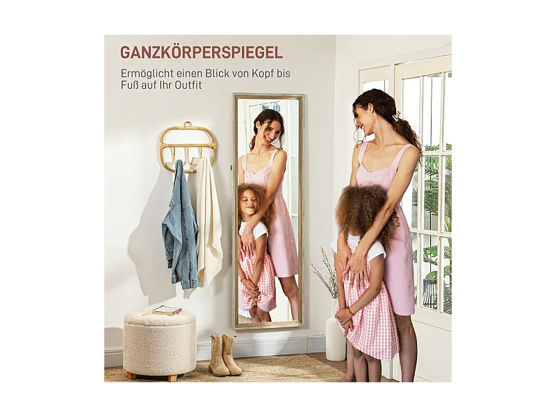 Miroir plein pied avec cadre en bois naturel et blanc, 162.6x53.5 cm, miroir de corps entier, support inclus