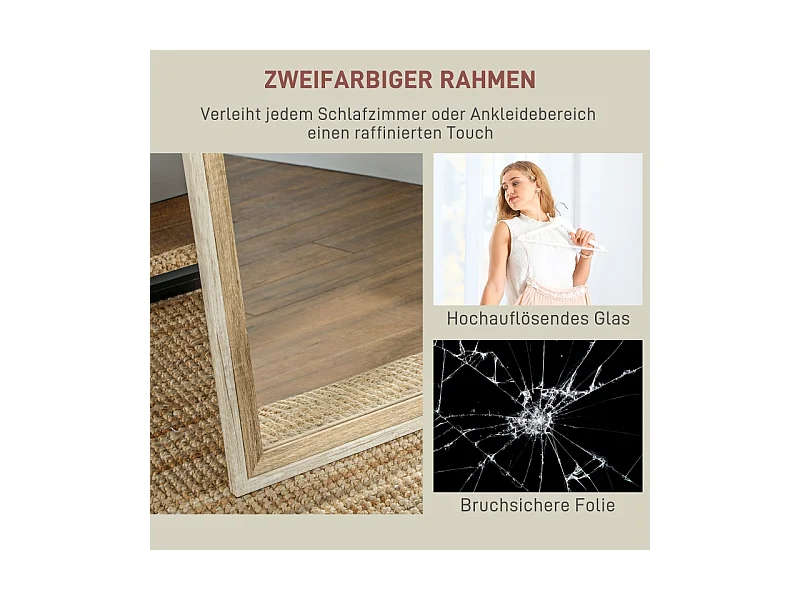 Miroir plein pied avec cadre en bois naturel et blanc, 162.6x53.5 cm, miroir de corps entier, support inclus