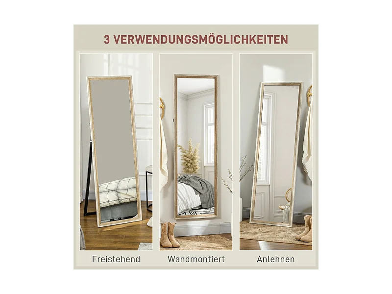 Miroir plein pied avec cadre en bois naturel et blanc, 162.6x53.5 cm, miroir de corps entier, support inclus