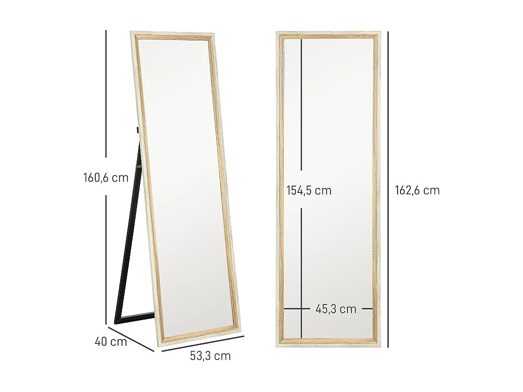 Specchio a figura intera con cornice in legno naturale e bianco, 162,6x53,5 cm, specchio a figura intera, supporto incluso