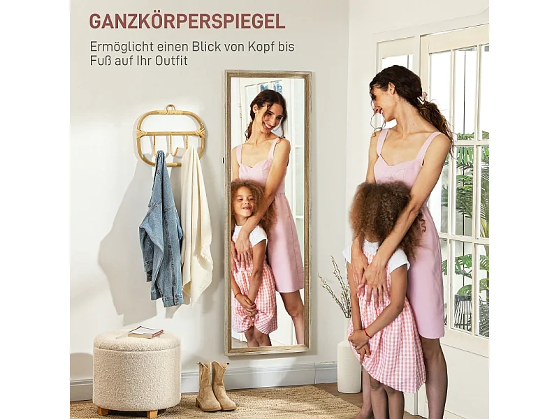 Specchio a figura intera con cornice in legno naturale e bianco, 162,6x53,5 cm, specchio a figura intera, supporto incluso