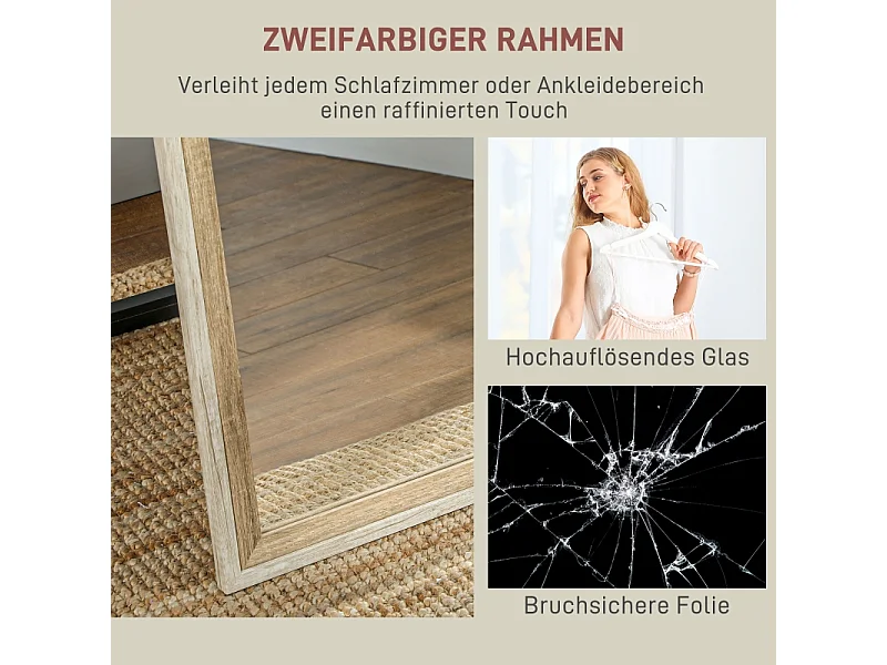 Specchio a figura intera con cornice in legno naturale e bianco, 162,6x53,5 cm, specchio a figura intera, supporto incluso