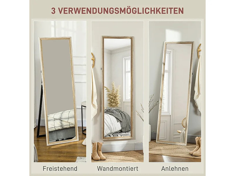 Specchio a figura intera con cornice in legno naturale e bianco, 162,6x53,5 cm, specchio a figura intera, supporto incluso