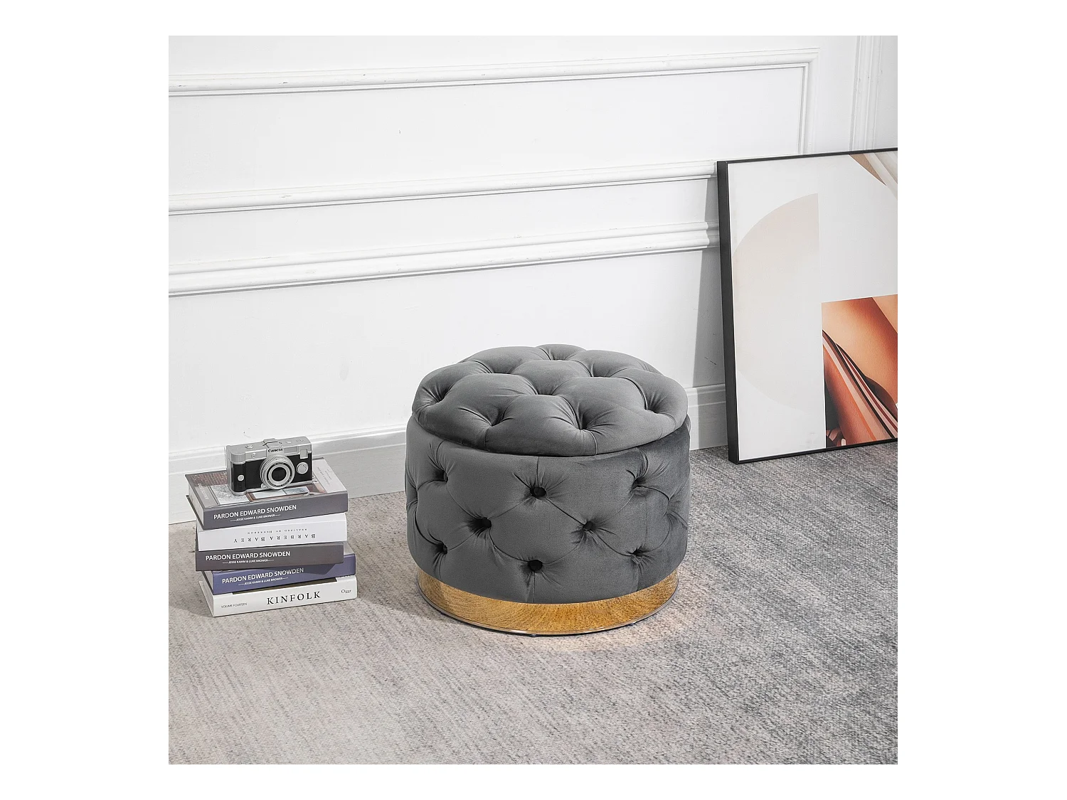 Pouf vintage avec rangement, siège rembourré, tissu, métal, gris charbon (55x55x42 cm)