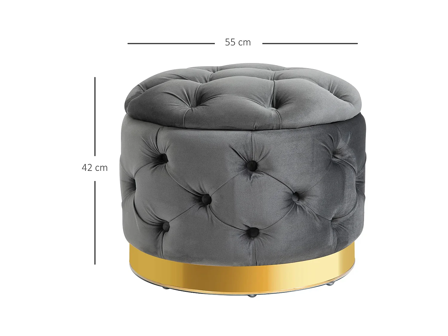 Pouf vintage avec rangement, siège rembourré, tissu, métal, gris charbon (55x55x42 cm)