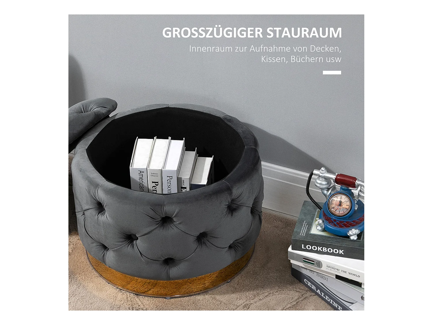 Pouf vintage avec rangement, siège rembourré, tissu, métal, gris charbon (55x55x42 cm)