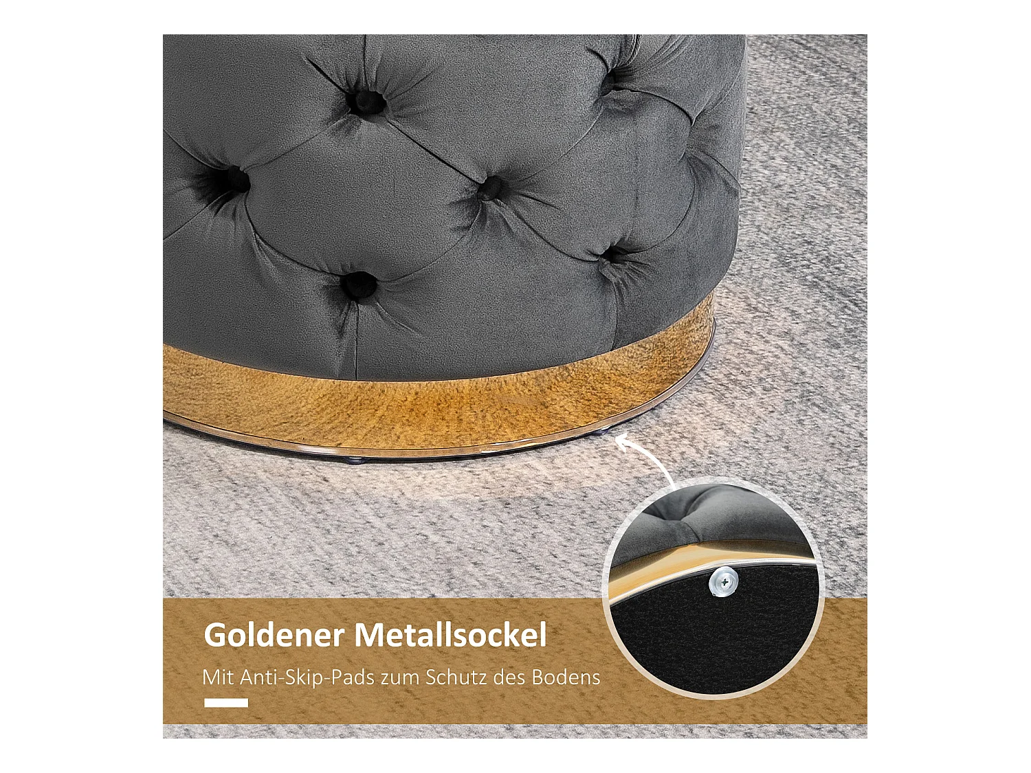 Pouf vintage avec rangement, siège rembourré, tissu, métal, gris charbon (55x55x42 cm)