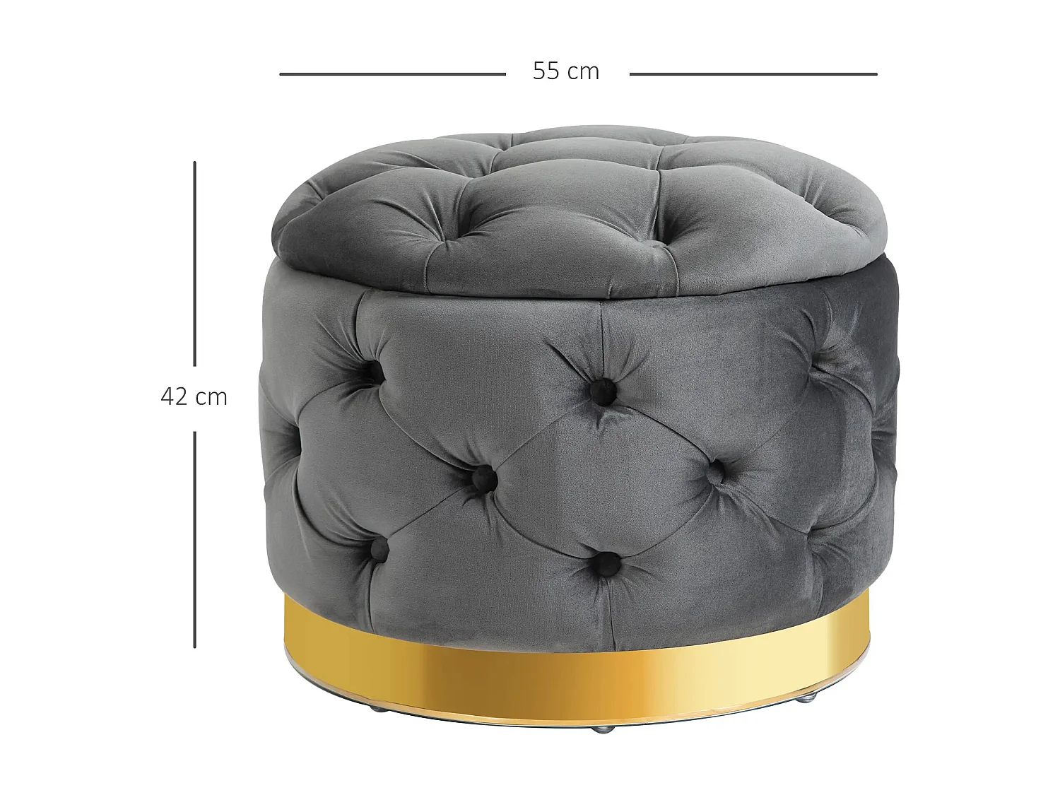 Pouf vintage avec rangement, siège rembourré, tissu, métal, gris charbon (55x55x42 cm)