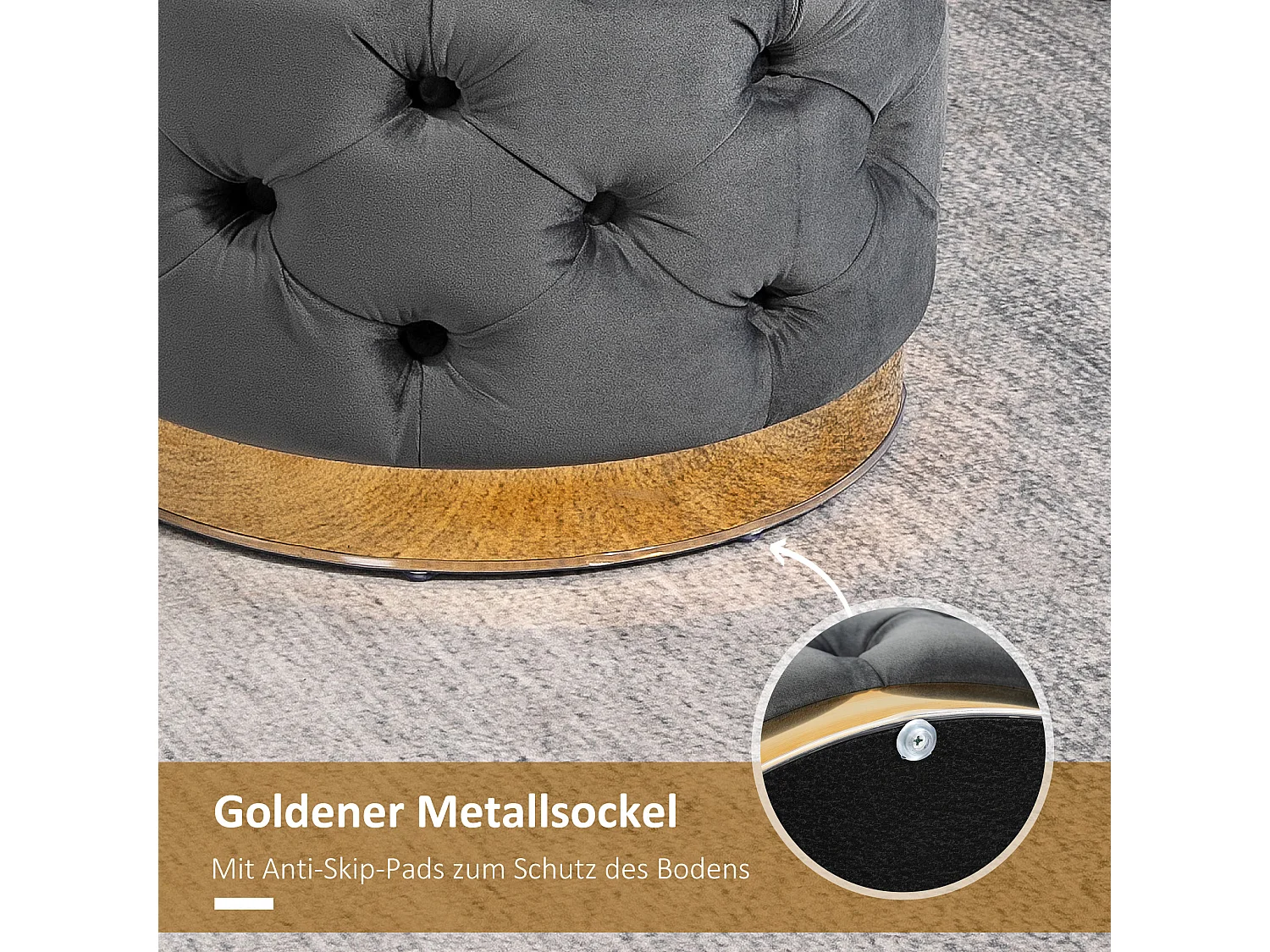 Pouf vintage avec rangement, siège rembourré, tissu, métal, gris charbon (55x55x42 cm)