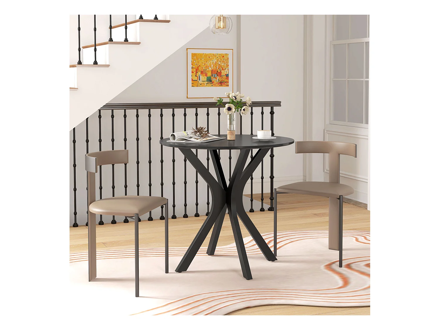 ronde eettafel met stalen poot, modern design, voor 2 personen, MDF, zwart (Ø78x75 cm)