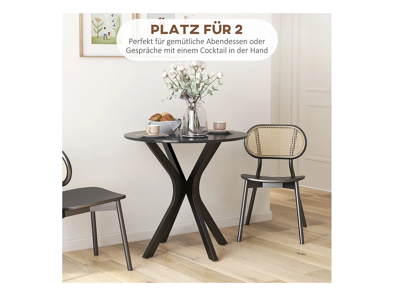 ronde eettafel met stalen poot, modern design, voor 2 personen, MDF, zwart (Ø78x75 cm)