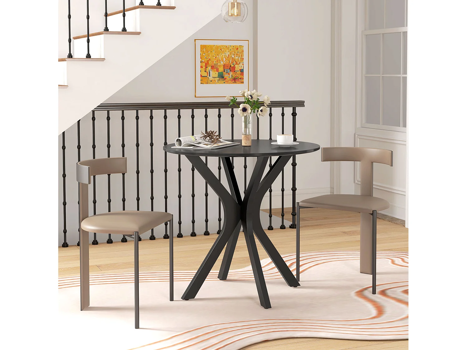 Table à manger ronde avec pied en acier , design moderne, pour 2 personnes, MDF, noir (Ø78x75 cm)