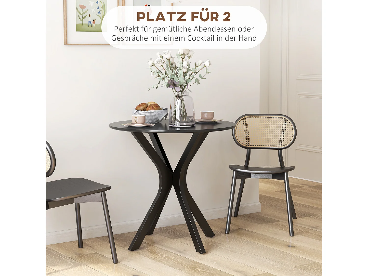 Table à manger ronde avec pied en acier , design moderne, pour 2 personnes, MDF, noir (Ø78x75 cm)