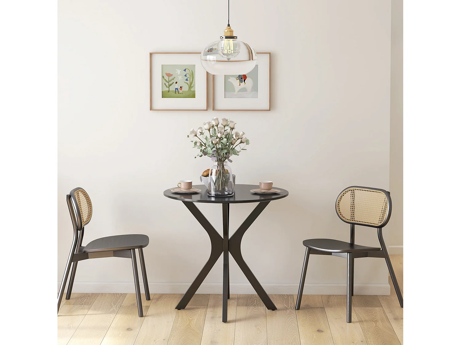 Table à manger ronde avec pied en acier , design moderne, pour 2 personnes, MDF, noir (Ø78x75 cm)