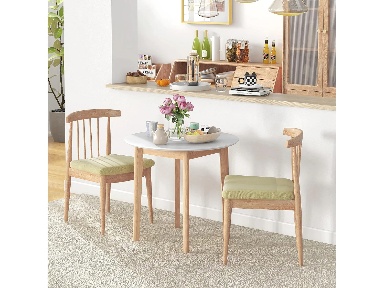 Table à manger ronde pour 2 personnes, style campagne, bois massif, blanc (75x75x76cm)