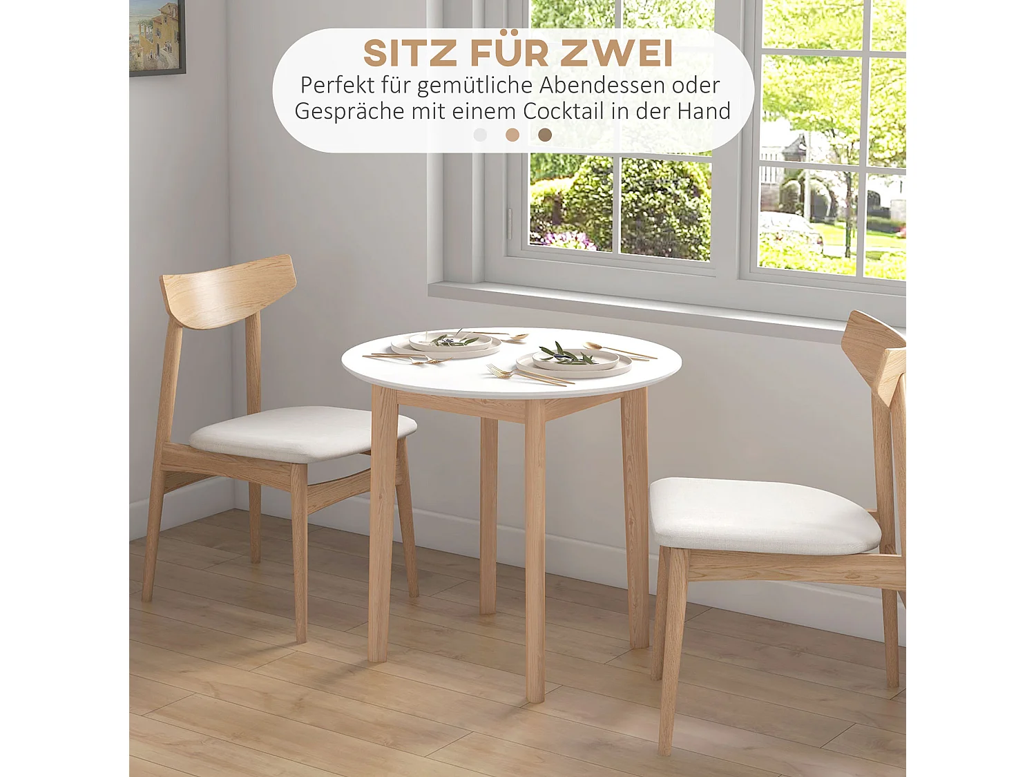 Table à manger ronde pour 2 personnes, style campagne, bois massif, blanc (75x75x76cm)