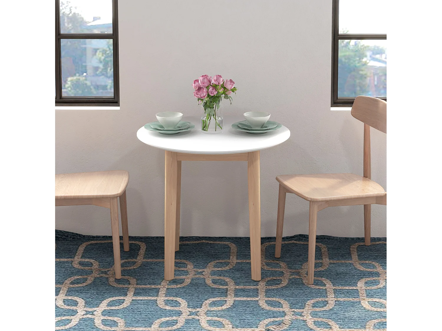 Table à manger ronde pour 2 personnes, style campagne, bois massif, blanc (75x75x76cm)