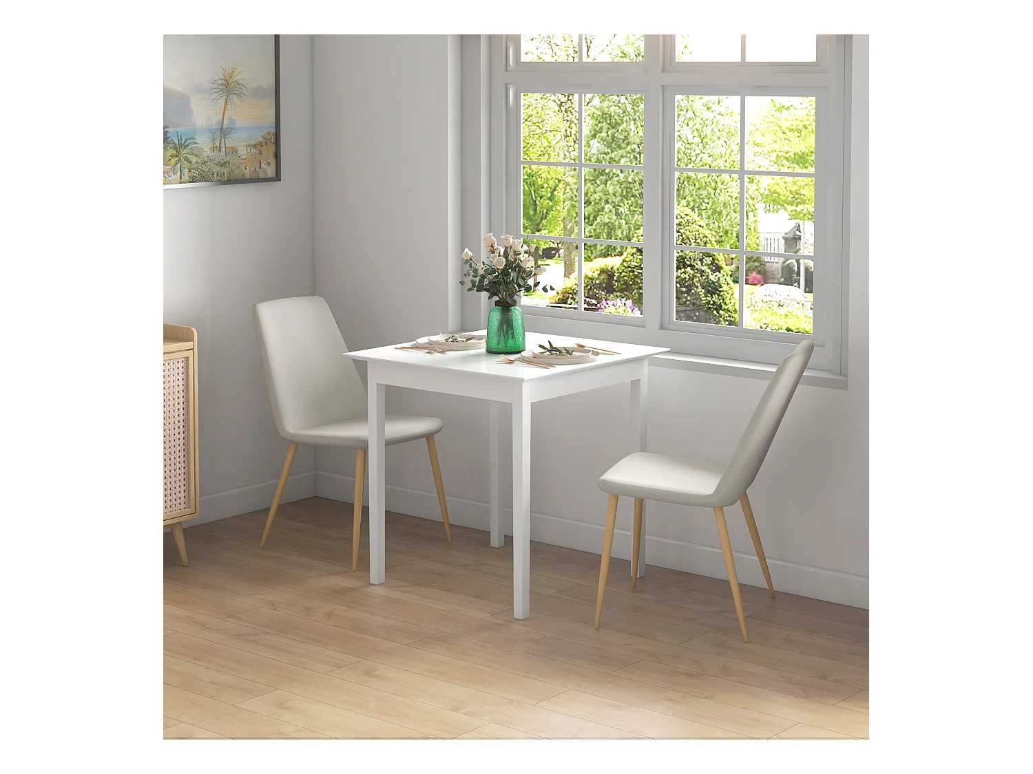 Table de cuisine carrée pour 2 personnes, bois, blanc (75x75x76 cm)
