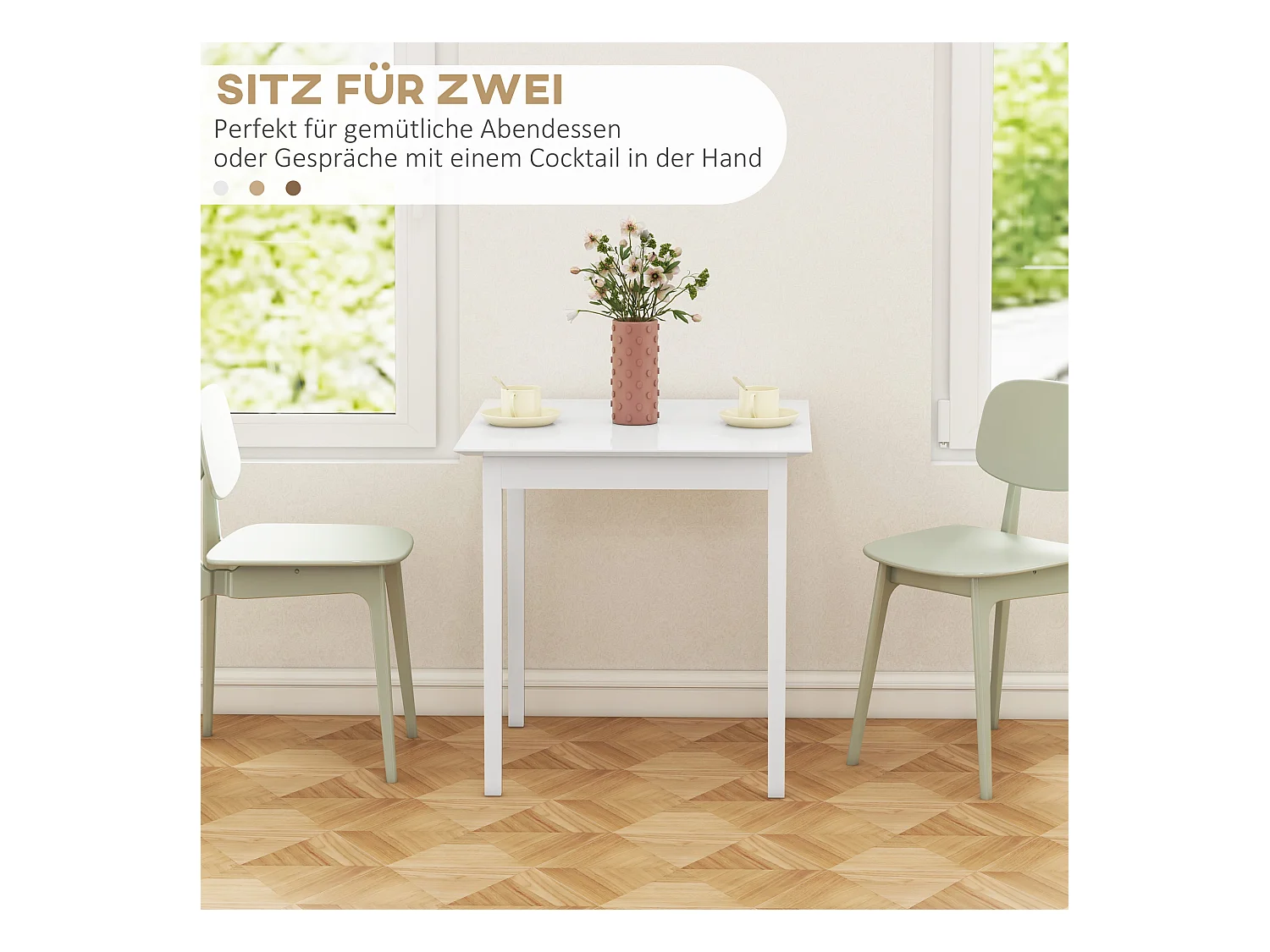 Table de cuisine carrée pour 2 personnes, bois, blanc (75x75x76 cm)