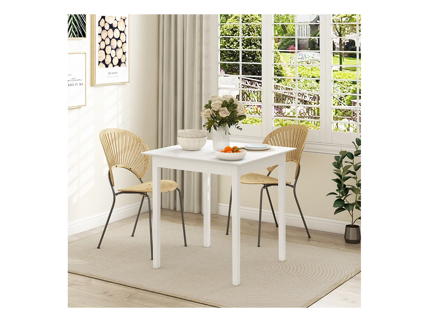 Table de cuisine carrée pour 2 personnes, bois, blanc (75x75x76 cm)