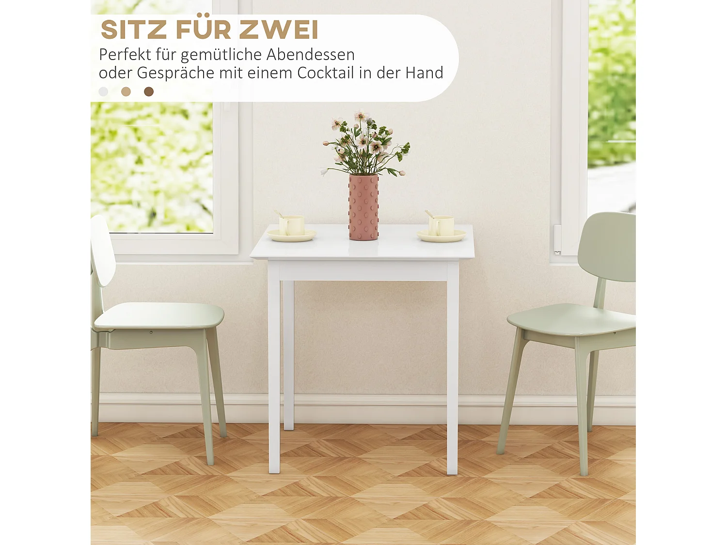 Vierkante keukentafel voor 2 personen, hout, wit (75x75x76 cm)