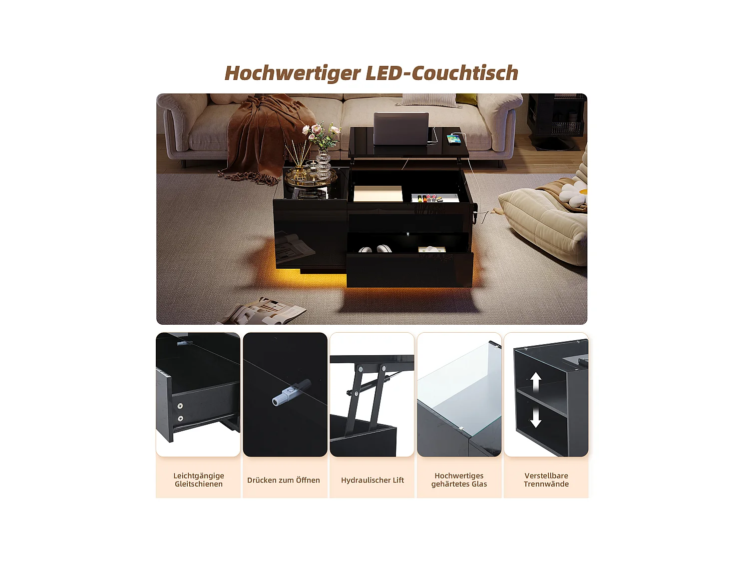 Table basse LED noire avec fonction de rangement, panneau de particules + verre trempé, contrôle via application mobile (95x48x42 cm)