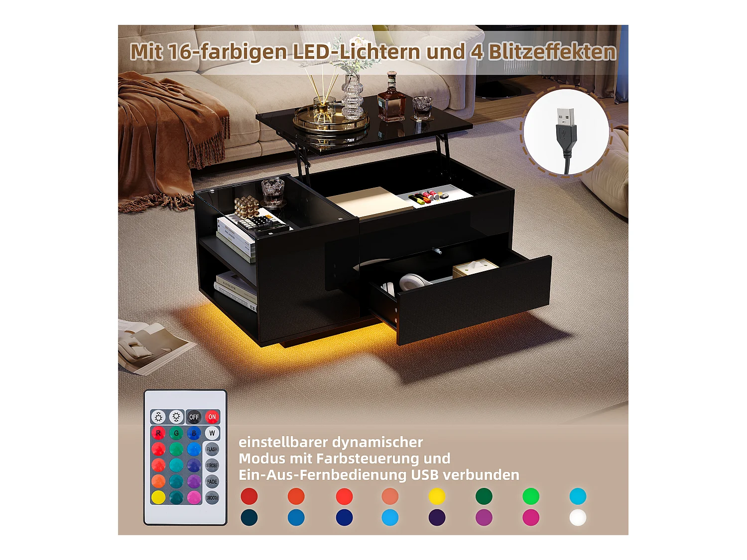 Table basse LED noire avec fonction de rangement, panneau de particules + verre trempé, contrôle via application mobile (95x48x42 cm)